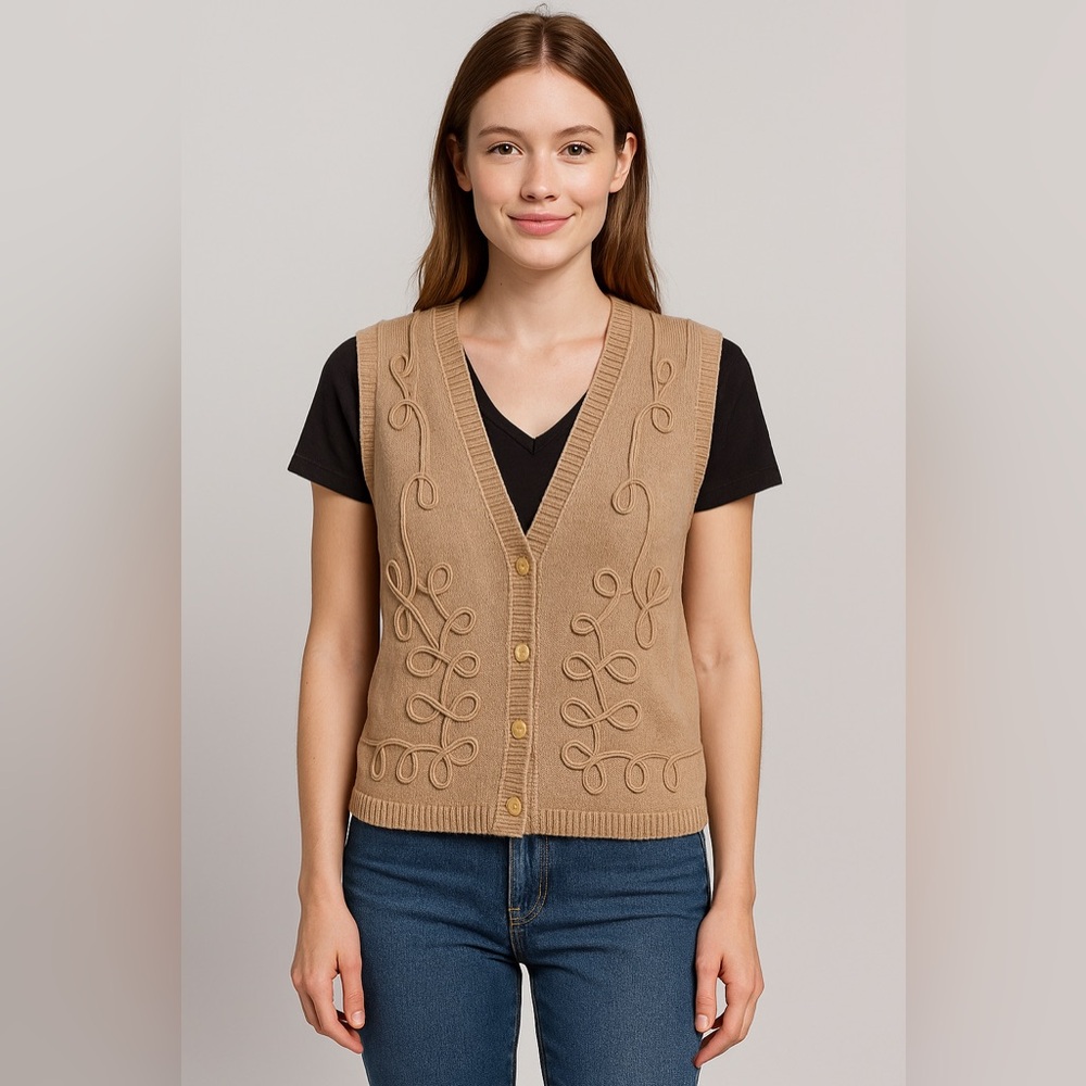 Laura Scott Tan Knit Sweater Vest Women’s‎ Small Button Front Embroidered